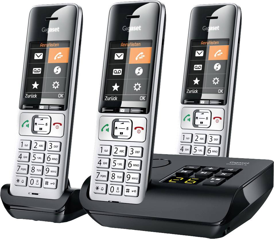 Trois téléphones sans fil avec station de base. Les écrans couleur affichent les listes d'appels et les options de menu. Touches de réception d'appel et de navigation visibles.