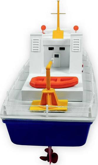 Bateau jouet avec un canot de sauvetage orange sur le pont, coque bleue, cheminée orange, superstructures blanches, pales de rotor rouges.