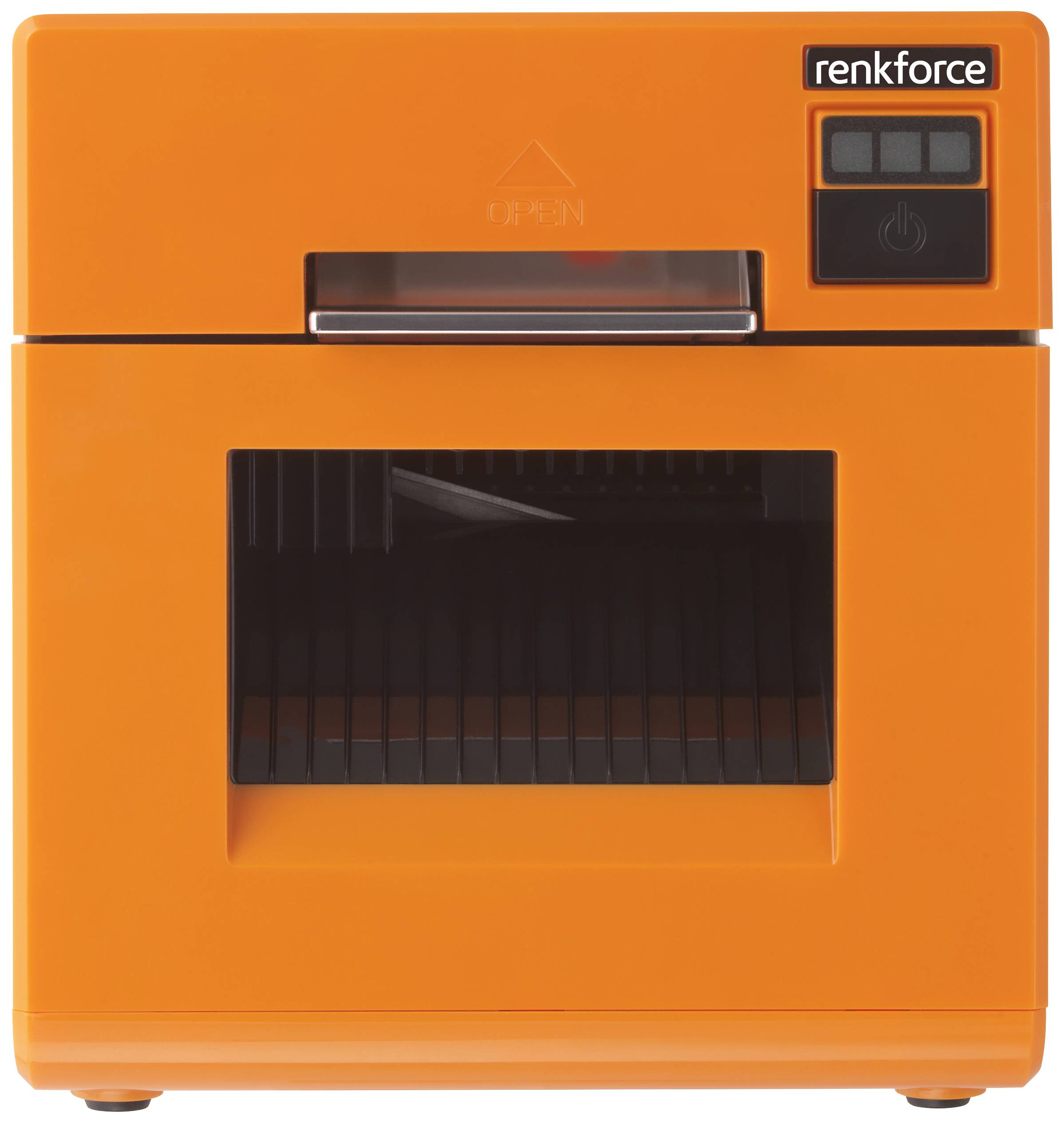 Un imprimante 3D orange avec un petit écran en haut à droite, une fenêtre en son centre révélant l'intérieur de l'espace d'impression.