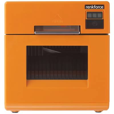 Un imprimante 3D orange avec un petit écran en haut à droite, une fenêtre en son centre révélant l'intérieur de l'espace d'impression.