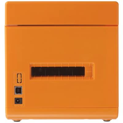 Un conteneur orange avec une ouverture rectangulaire et deux connexions en bas à gauche.