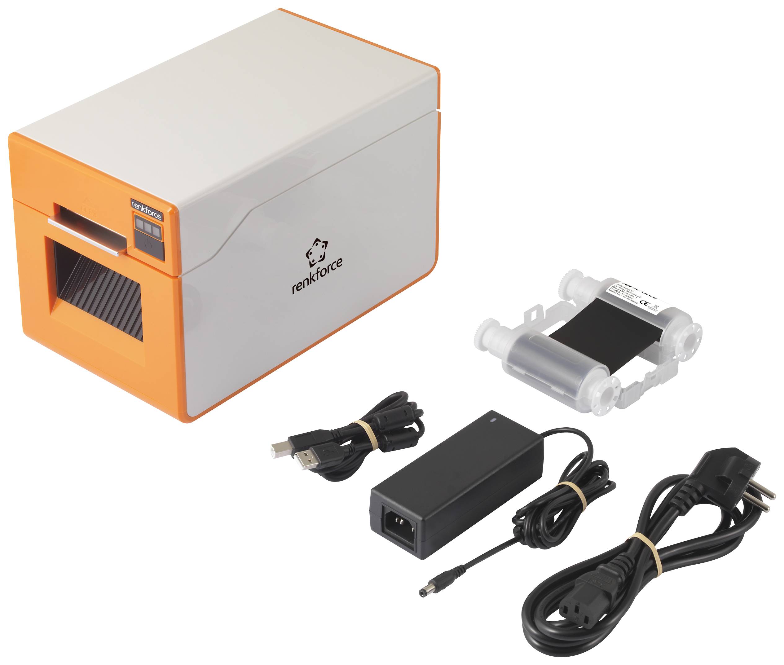 Un imprimante d'étiquettes de la marque renkforce, à côté d'un bloc d'alimentation, d'un câble d'alimentation, d'un câble USB et d'un rouleau d'impression.