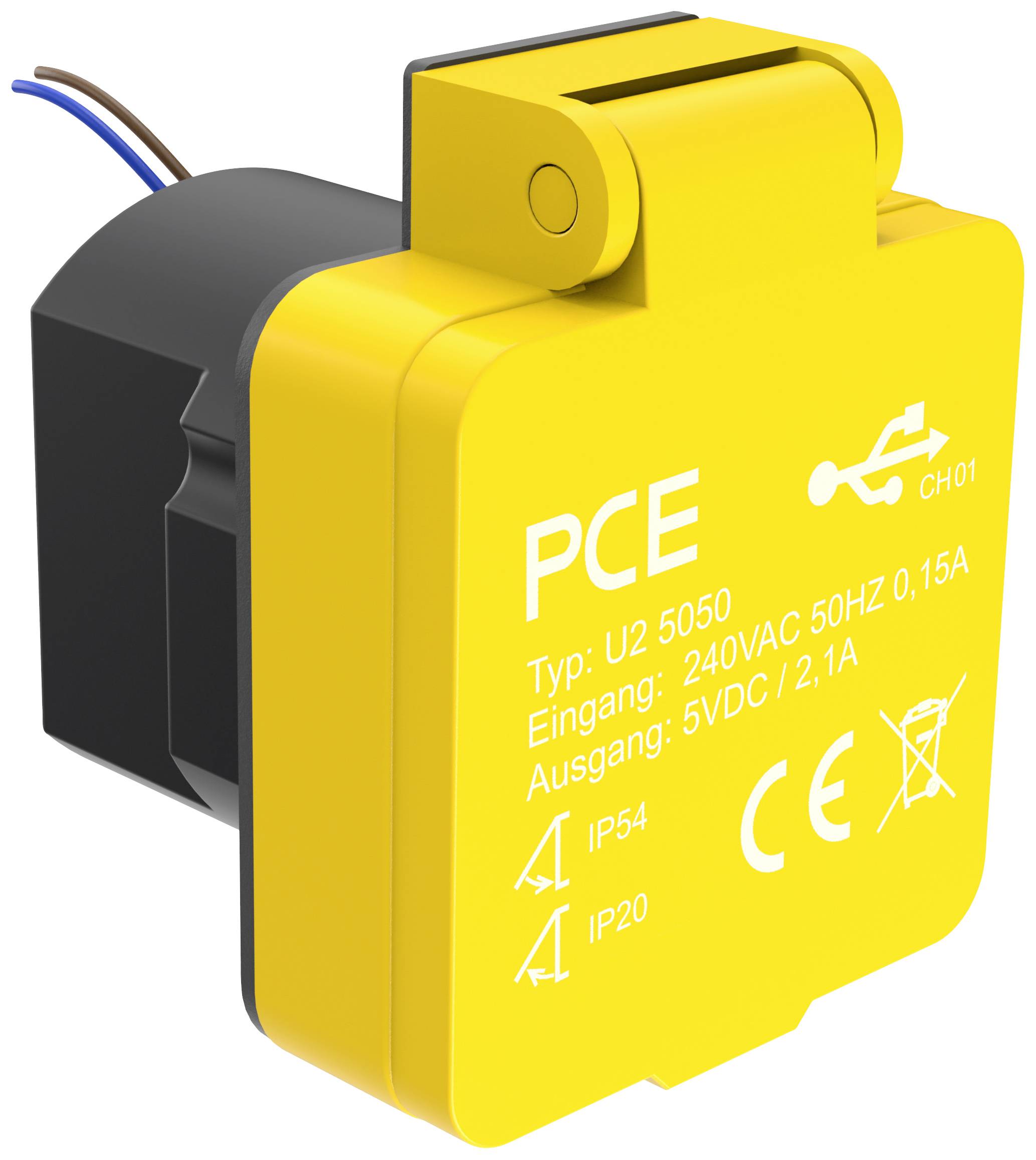 PCE U25050 Prise de courant en saillie avec sortie de charge USB IP54 jaune