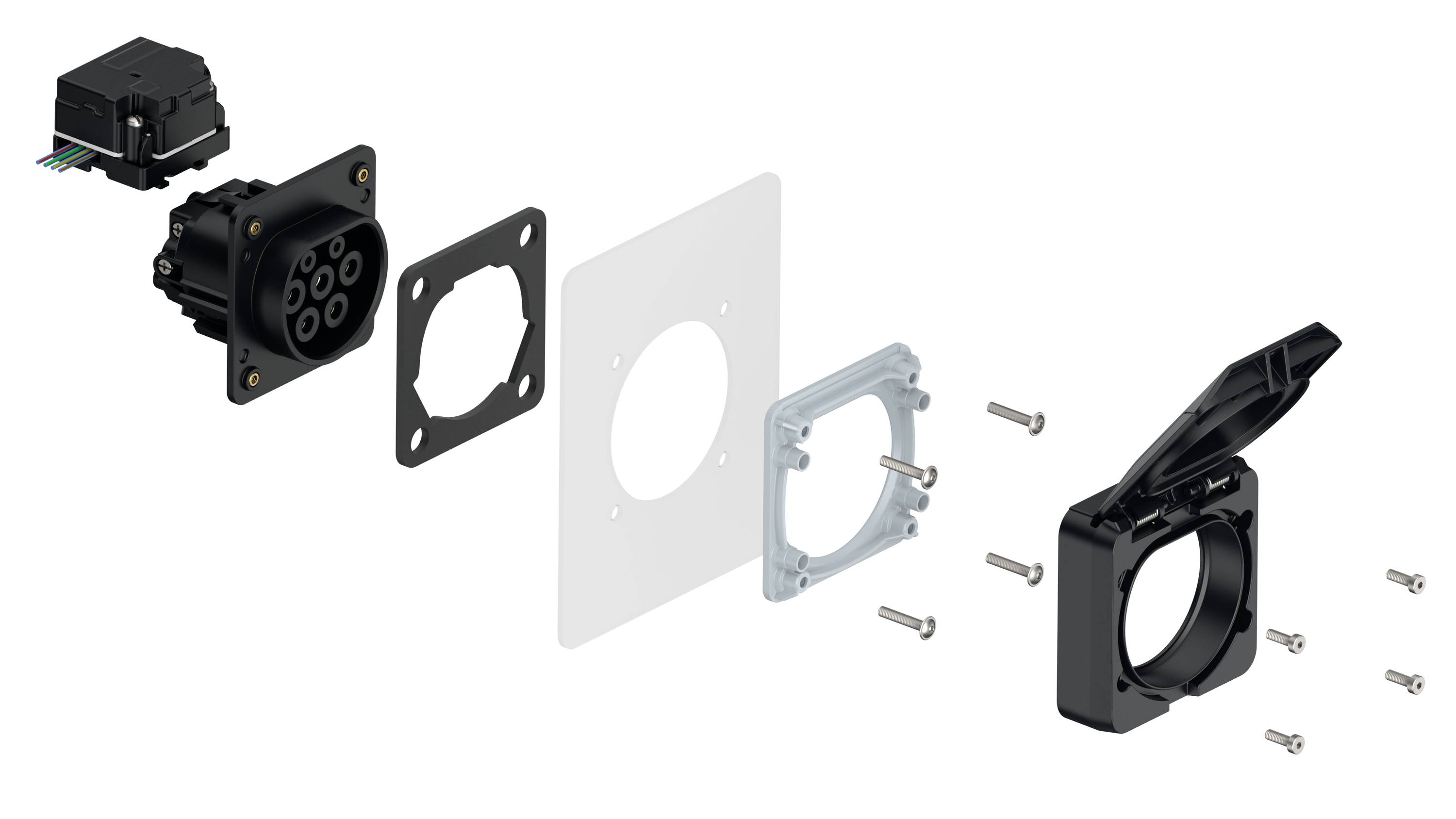 Éclaté d'un connecteur électrique avec boîtier, joints et vis de fixation, illustrant l'arrangement de montage.