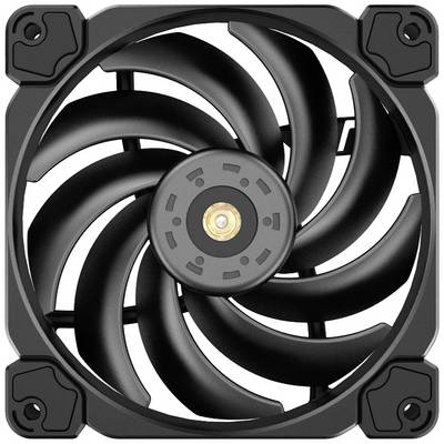 Ventilateur d'ordinateur noir avec neuf pales incurvées, monté dans un boîtier carré, servant à refroidir les composants.