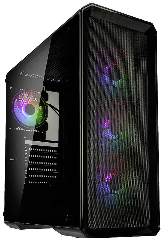 Un boîtier PC noir avec trois ventilateurs frontaux visibles qui brillent dans des couleurs arc-en-ciel ; côté en verre.