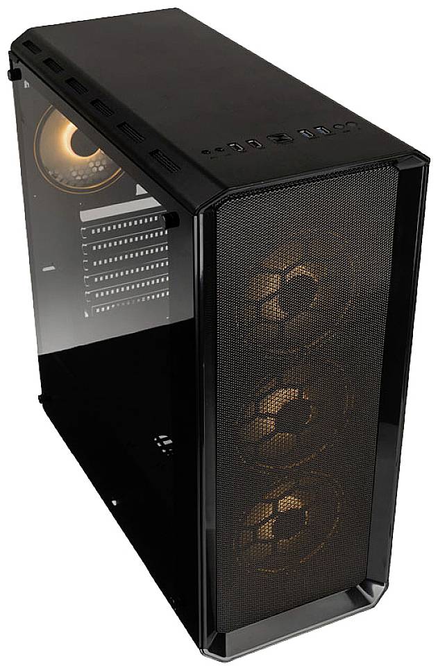 Boîtiers d'ordinateur transparents offrant une vue sur des ventilateurs éclairés en orange, adaptés aux PC de gaming ; couleur noire, forme rectangulaire.