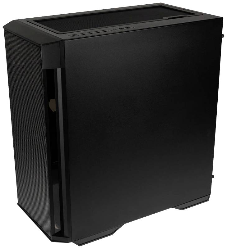 Boîtier d'ordinateur noir au design épuré et moderne, doté de grilles frontales et latérales pour une ventilation améliorée.