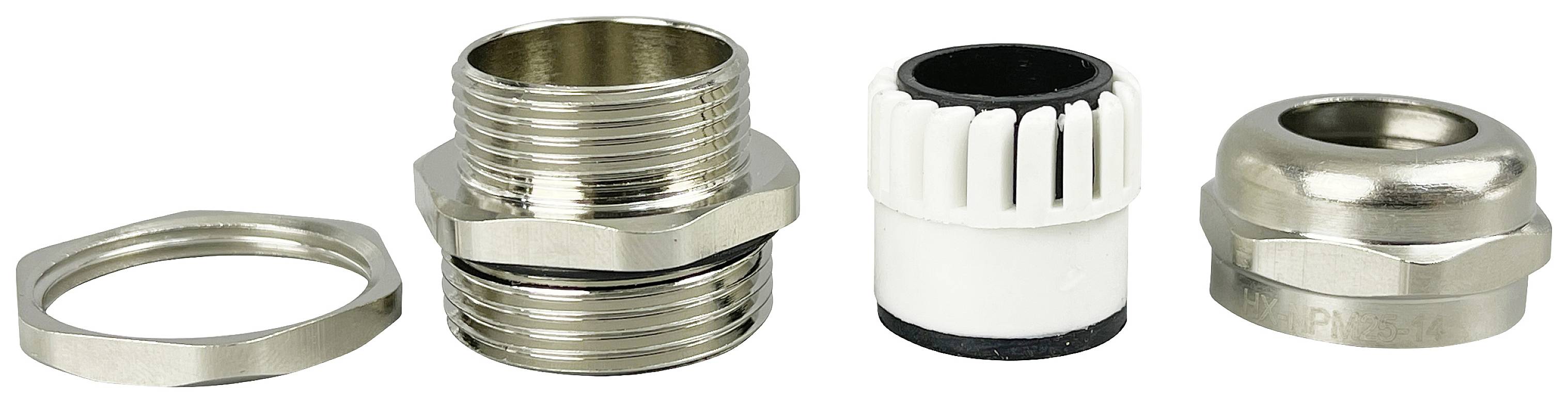 Quatre raccords métalliques et en plastique alignés, composés d'un écrou hexagonal, d'un filetage, d'un joint et d'un presse-étoupe.