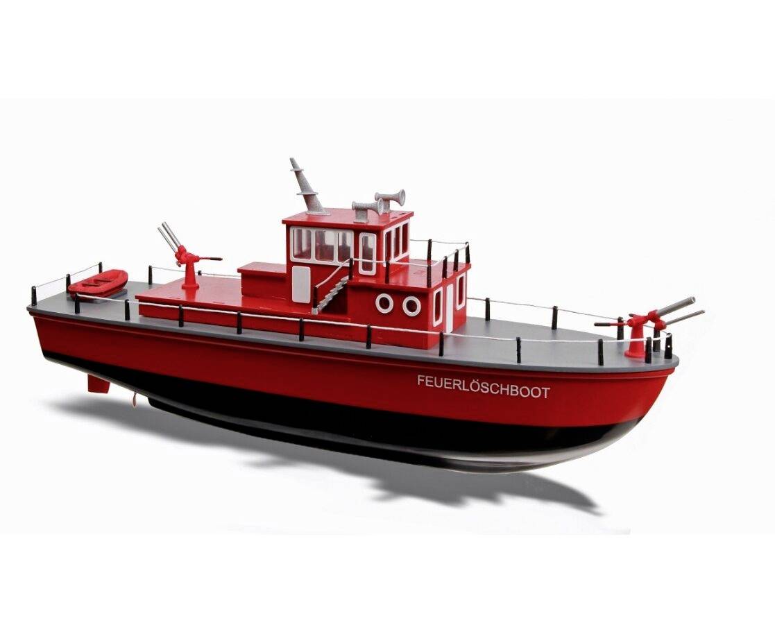 Modèle de bateau de pompiers rouge avec deux buses d'eau et l'inscription 'BATEAU DE POMPIERS' sur le côté, sur un fond blanc.