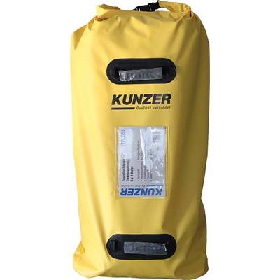 Sac imperméable jaune avec une fenêtre transparente, portant le texte 'KUNZER'. Adapté pour un transport sécurisé dans des environnements humides.