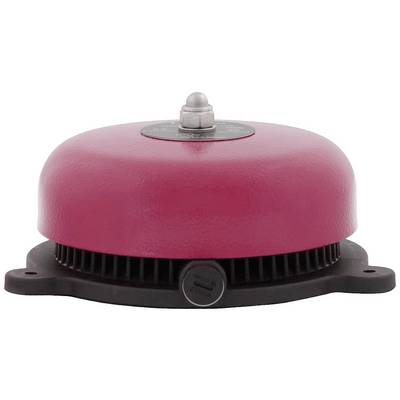 Sirène d'alarme rouge avec capuchon métallique, montée sur une base noire. Souvent utilisée dans les bâtiments pour avertir en cas d'incendie.