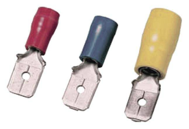 Trois connecteurs de jonction à extrémités isolées en rouge, bleu et jaune, pour la connexion de câbles électriques.