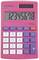 Une calculatrice rose avec alimentation solaire, affichant la séquence de chiffres '12345678' sur son écran. Touches en violet et blanc.