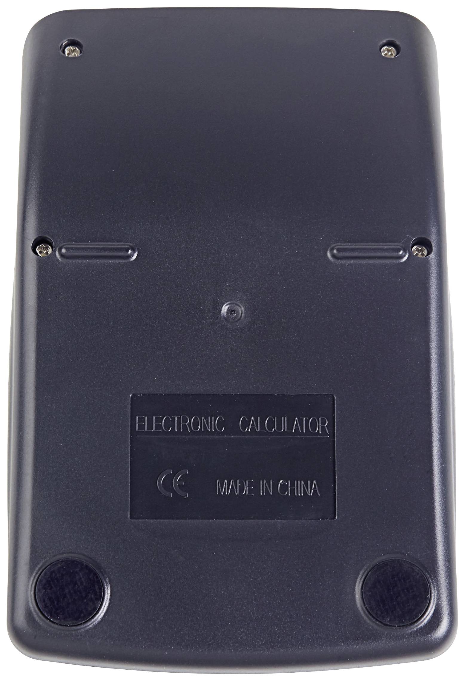 Arrière d'une calculatrice électronique, boîtier noir, quatre vis, mention 'Made in China'.
