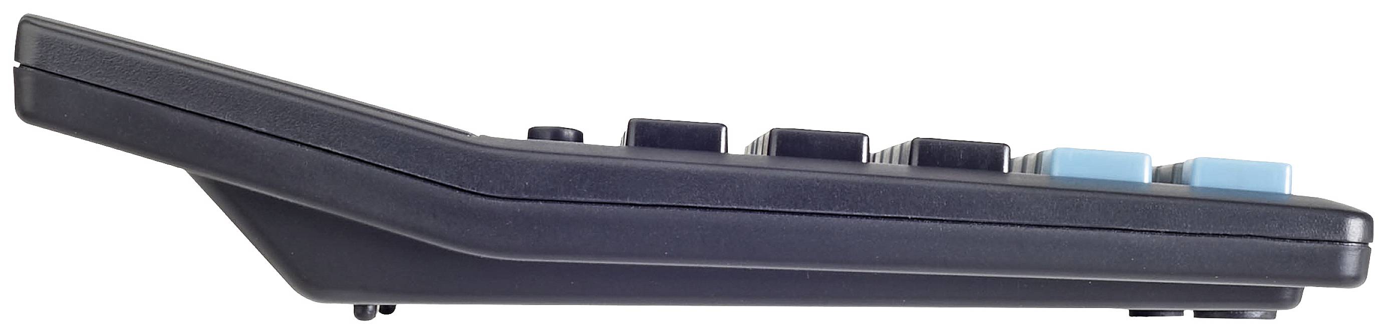 Vue latérale d'un clavier d'ordinateur noir avec des touches surélevées, dont certaines sont bleues.