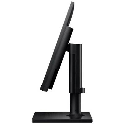 Un moniteur d'ordinateur noir, vu de côté. L'écran est fin et inclinable, monté sur un socle stable.