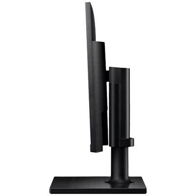 Un moniteur d'ordinateur noir vu de côté, montrant un écran fin avec un socle stable.