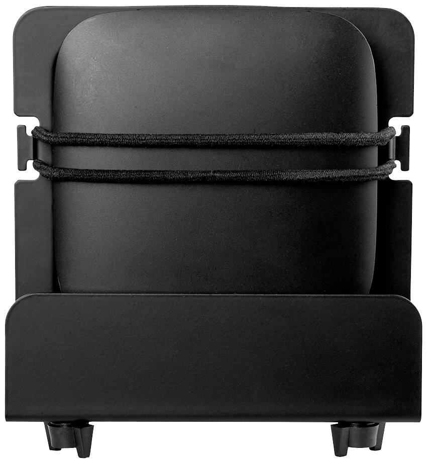 Un support vertical pour ordinateur portable en noir, doté de sangles élastiques de fixation, adapté au rangement vertical d'un ordinateur portable.