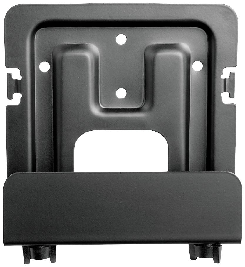 Support de fixation murale en métal. Plaque rectangulaire sombre avec plusieurs ouvertures pour vis et éléments de fixation.