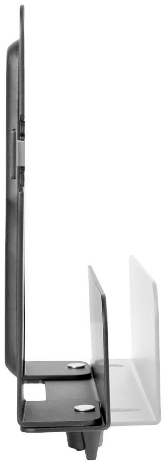 Un clip métallique en vue latérale avec deux supports de fixation en noir et blanc, destiné à être attaché à une surface.