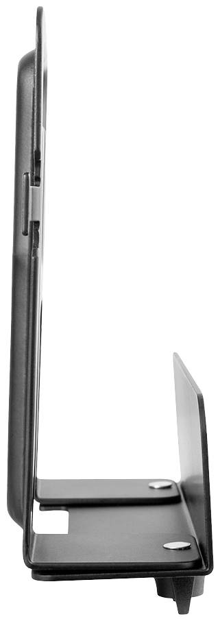 Vue latérale d'un objet métallique avec des angles droits et des trous de vis, probablement un élément de support ou de support.