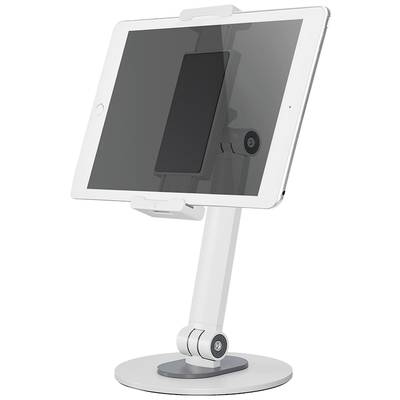 Une tablette est fixée dans un support vertical. Elle est posée sur une table et légèrement inclinée vers l'arrière pour offrir une meilleure visibilité.