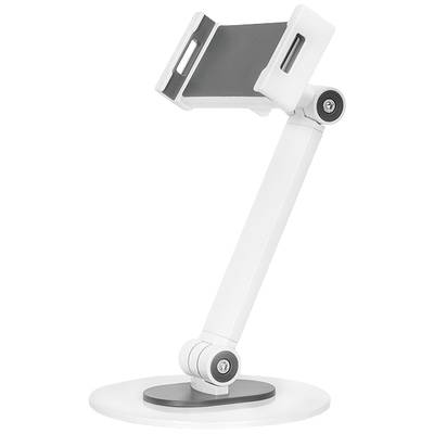 Support de tablette blanc, ajustable, avec bras pivotant et base antidérapante pour un positionnement stable sur des surfaces planes.
