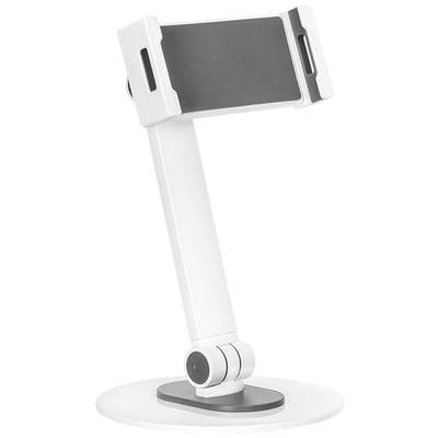 Un support blanc pour tablette ou smartphone avec un bras réglable et une base rotative montée sur un socle rond.