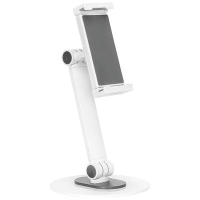 Un support blanc et ajustable pour smartphone ou tablette, avec une base ronde. Adapté à différents angles de vue.