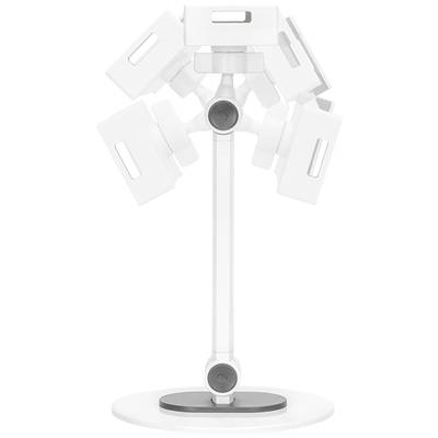 Un support blanc et ajustable avec plusieurs supports pivotant autour de l'axe central. Adapté pour les tablettes ou les écrans.