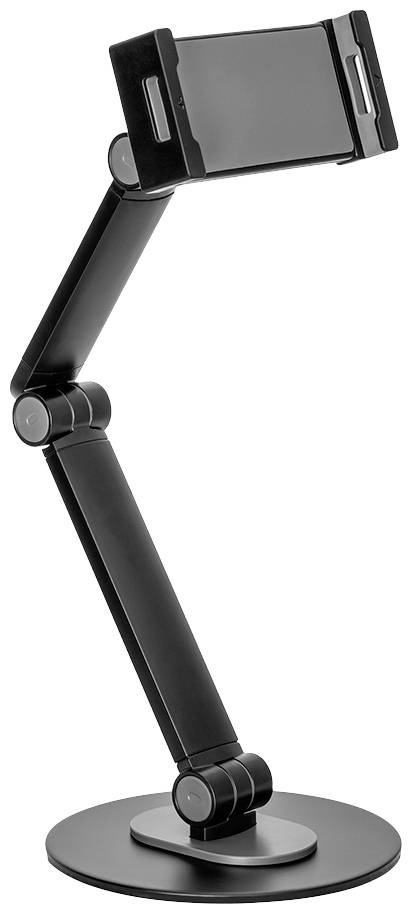 Support de tablette noir ajustable avec plusieurs articulations permettant un positionnement flexible. Adapté pour le bureau.