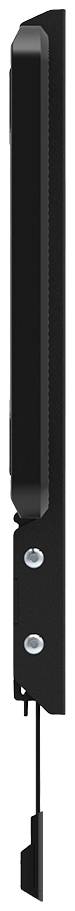 Appareil noir et élancé avec deux boutons et un câble en bas. La vue latérale révèle un design minimaliste.
