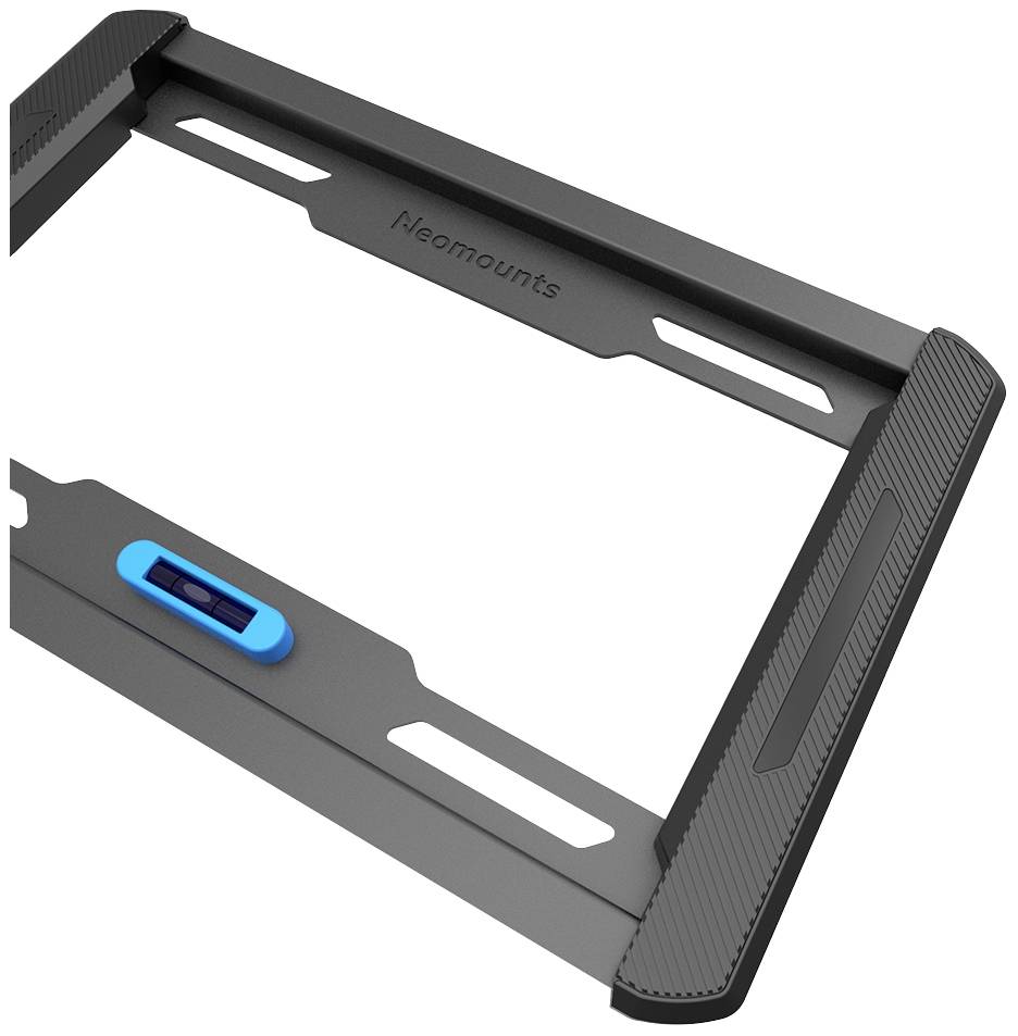 Un cadre noir rectangulaire avec des fentes et un outil de nivellement bleu au centre.