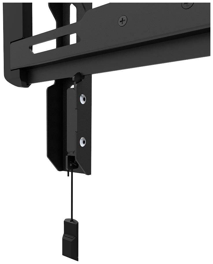 Support mural pour téléviseur avec mécanisme de traction permettant un réglage et une fixation faciles du téléviseur. Métal noir robuste avec câble de traction.