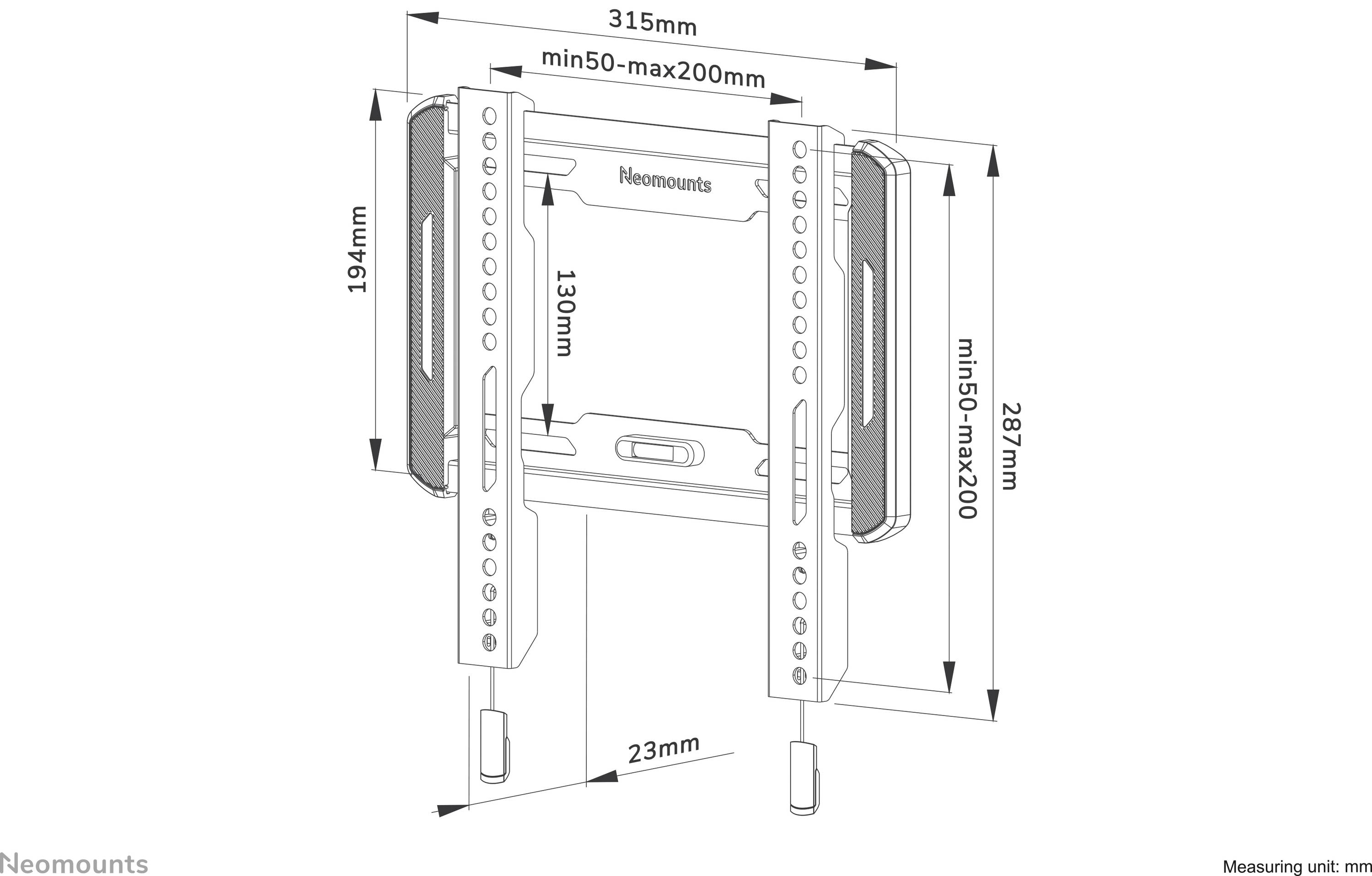 'Dessin technique d'un support mural avec dimensions : largeur 315 mm, hauteur 287 mm, distance variable 50-200 mm.'