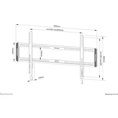 Diagramme d'un support mural pour téléviseur. Dimensions : Largeur 935 mm, Hauteur 460 mm, Profondeur 23 mm. Largeur de fixation réglable pour TV : de 100 mm min. à 800 mm max.