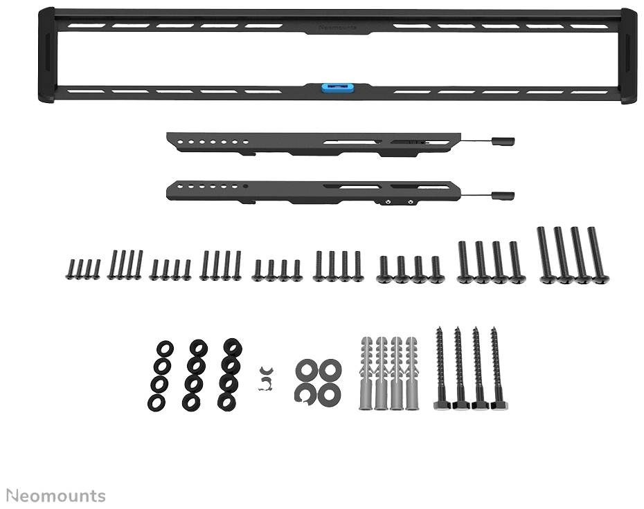 'Kit de montage pour support d'écran, comprenant une barre de support noire, des bras de fixation, des vis, des rondelles et des chevilles.'