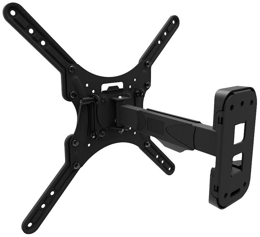 Support TV noir avec bras articulé ; adapté pour une fixation murale. Plusieurs trous de vis visibles pour la fixation.