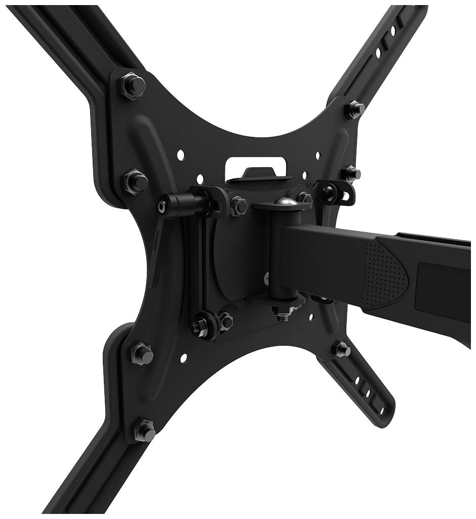 Un support mural noir pour téléviseur avec bras réglable et plusieurs vis permettant une fixation stable.