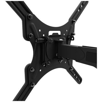 Un support mural noir pour téléviseur avec bras réglable et plusieurs vis permettant une fixation stable.