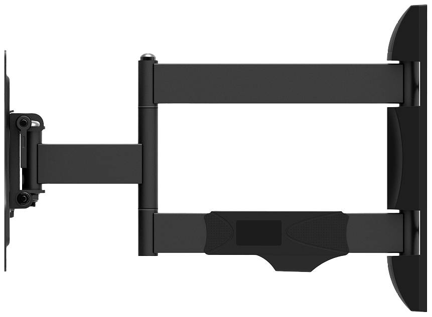 Un support mural TV noir, ajustable et à plusieurs articulations, permet un positionnement flexible de l'écran contre le mur.
