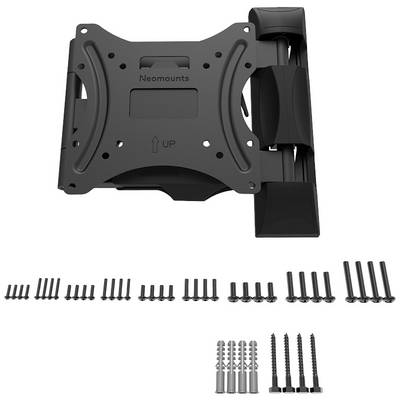 Un support de moniteur noir portant l'inscription 'Neomounts UP', accompagné de différentes vis et chevilles pour l'installation.