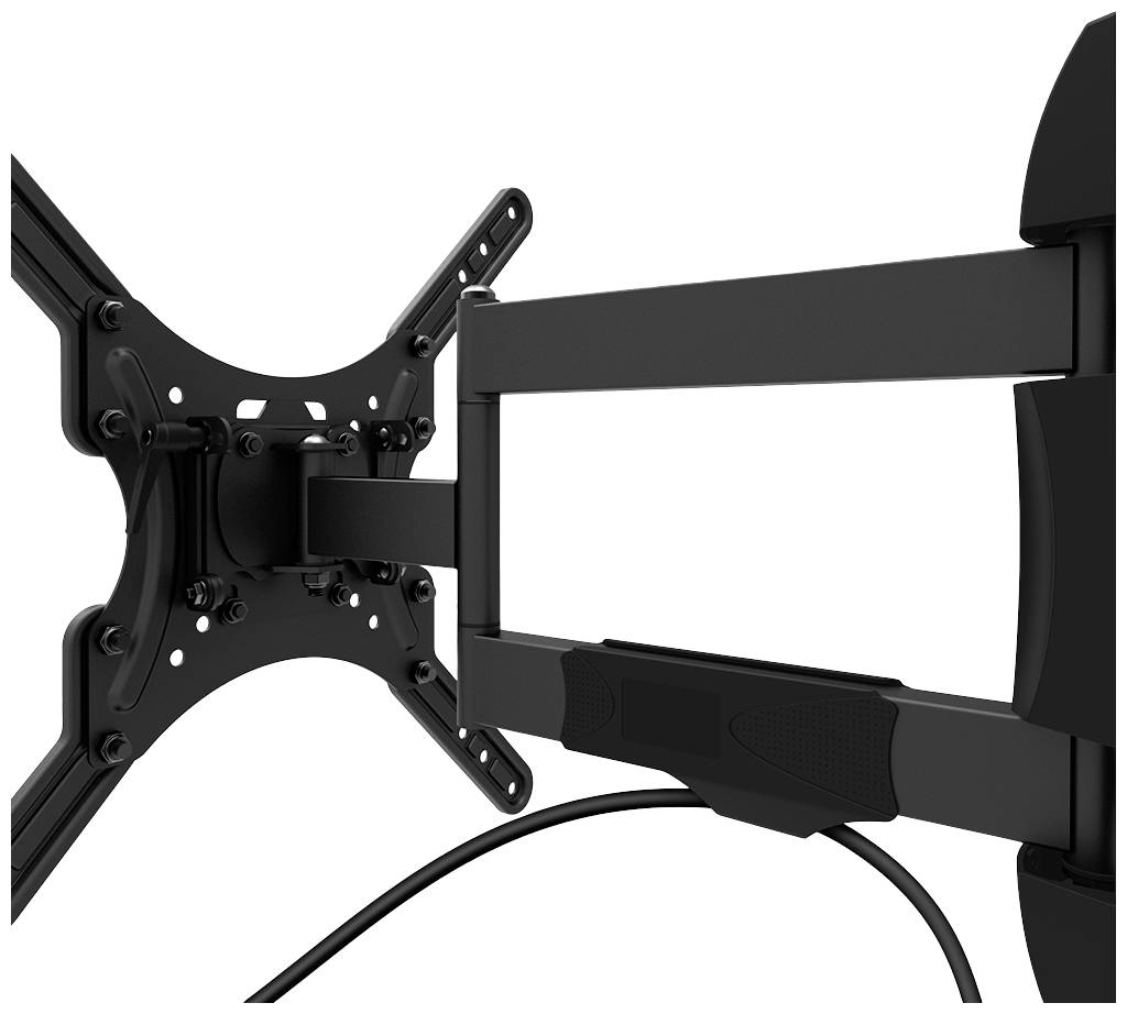 Un support mural télescopique noir pour téléviseur, inclinable et orientable. Adapté aux écrans plats, avec gestion des câbles intégrée.