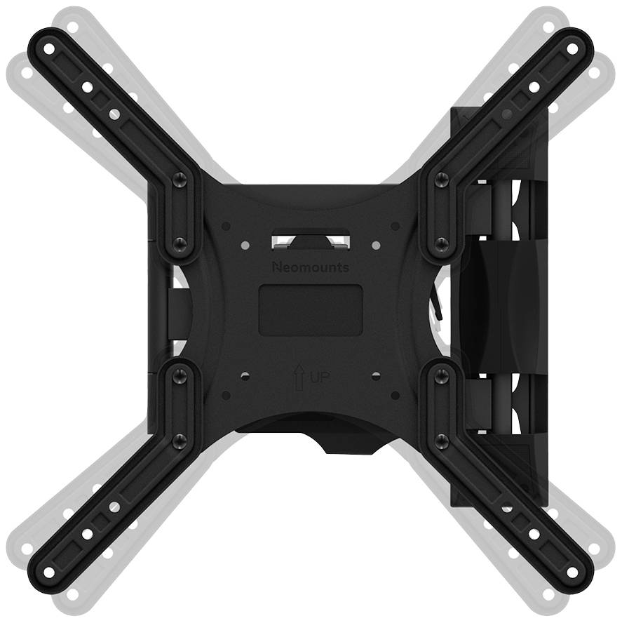 Un support mural ajustable noir pour téléviseur, doté de plusieurs points de fixation et de bras, adapté à différentes tailles d'écrans.