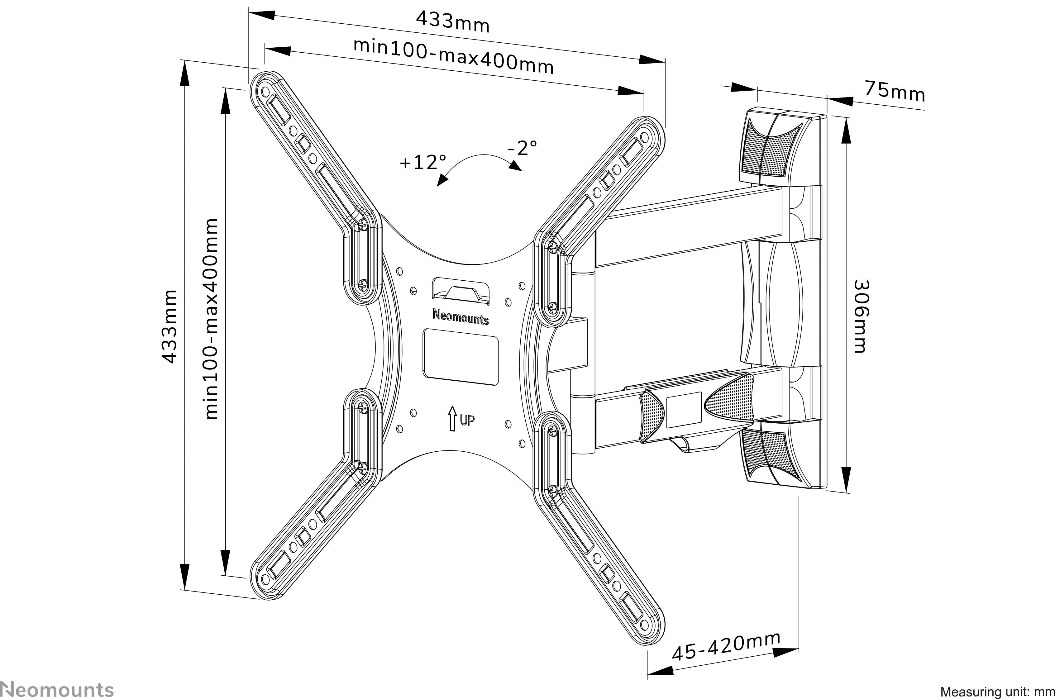 Dessin d'un support mural TV de Neomounts. Dimensions : largeur 433 mm, hauteur 433 mm, profondeur 75 mm. Inclinaison réglable de +12° à -2°.