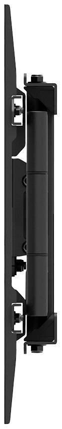 Vue latérale d'un support mural plat noir pour téléviseur, doté de charnières réglables et d'éléments de fixation.