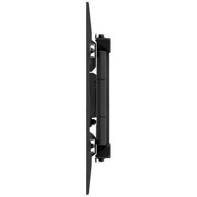 Vue latérale d'un support mural plat noir pour téléviseur, doté de charnières réglables et d'éléments de fixation.