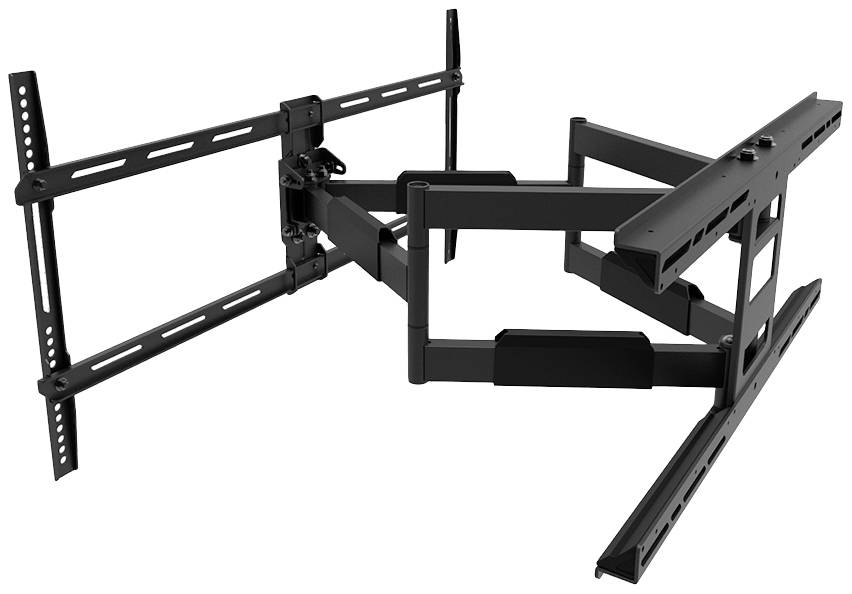 Un support mural orientable noir pour téléviseur, doté de plusieurs articulations et rallonges, adapté à différentes tailles d'écrans.