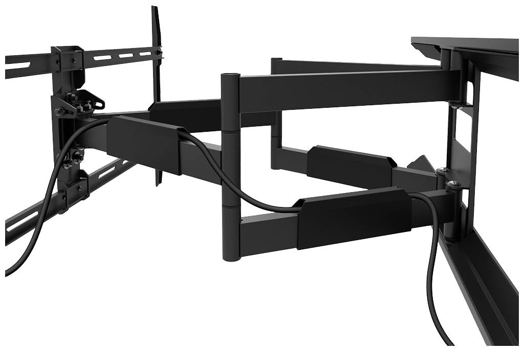 Un support TV noir et pivotant avec un système de gestion des câbles, monté au mur. Idéal pour un positionnement d'écran flexible.